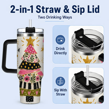 #pl[40oz|Black] Whimsical Christmas Tree 40oz Tumbler, Pink Floral Holiday Design