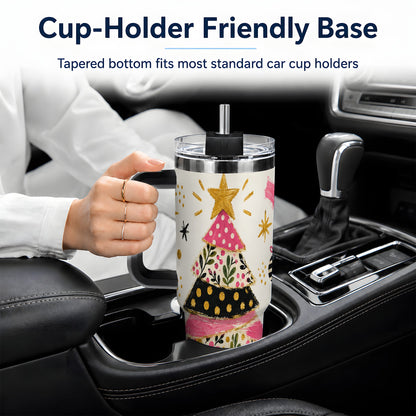 #pl[40oz|Black] Whimsical Christmas Tree 40oz Tumbler, Pink Floral Holiday Design