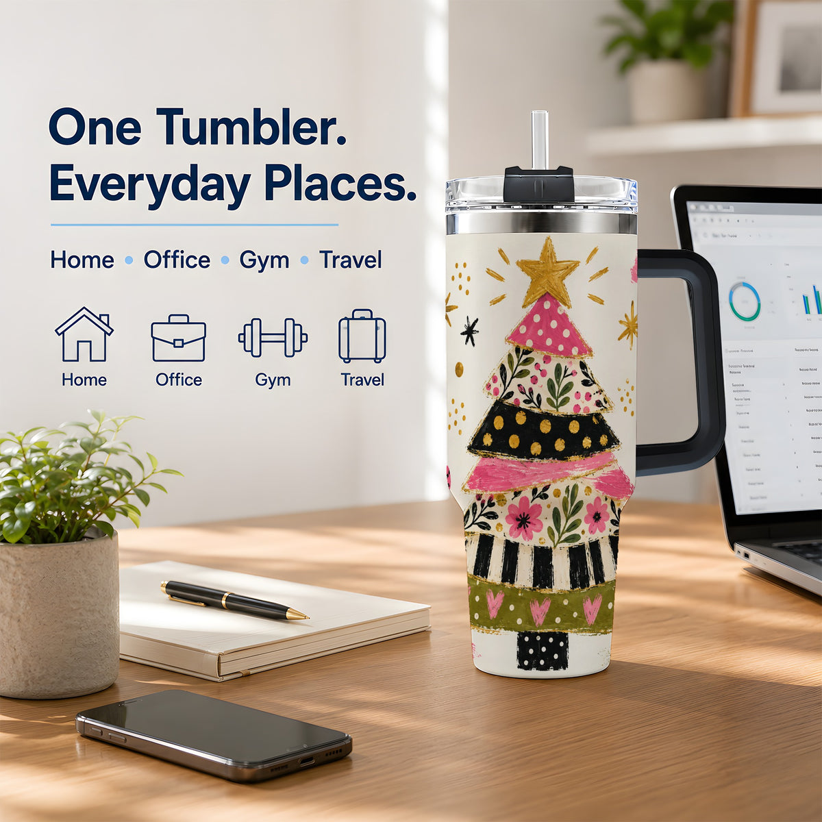 #pl[40oz|Black] Whimsical Christmas Tree 40oz Tumbler, Pink Floral Holiday Design
