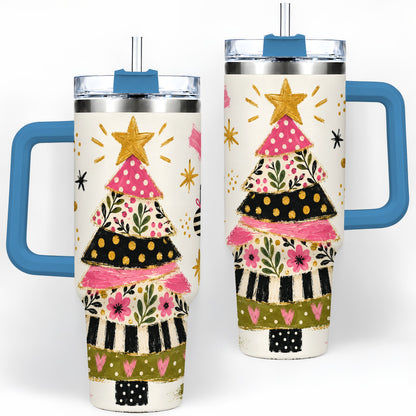 #pl[40oz|Blue] Whimsical Christmas Tree 40oz Tumbler, Pink Floral Holiday Design