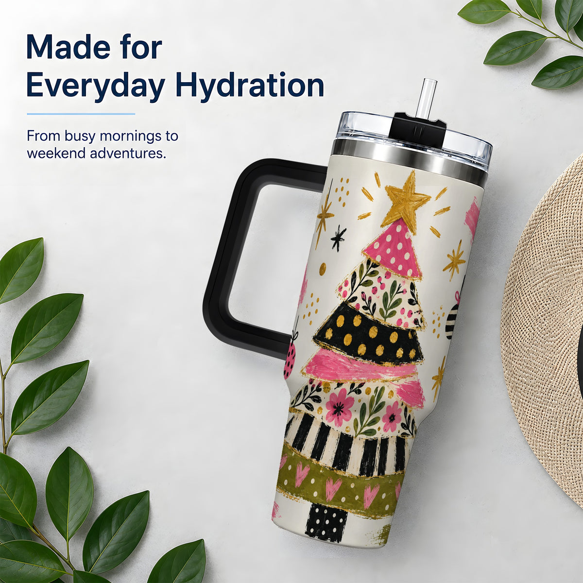 #pl[40oz|Black] Whimsical Christmas Tree 40oz Tumbler, Pink Floral Holiday Design