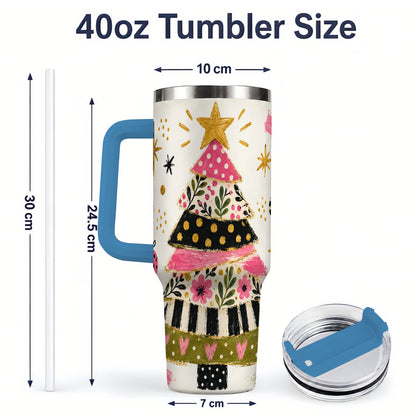 #pl[40oz|Blue] Whimsical Christmas Tree 40oz Tumbler, Pink Floral Holiday Design