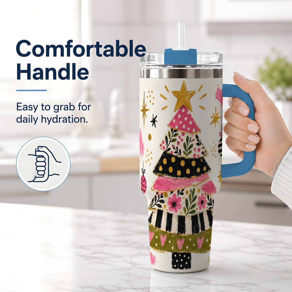 #pl[40oz|Blue] Whimsical Christmas Tree 40oz Tumbler, Pink Floral Holiday Design