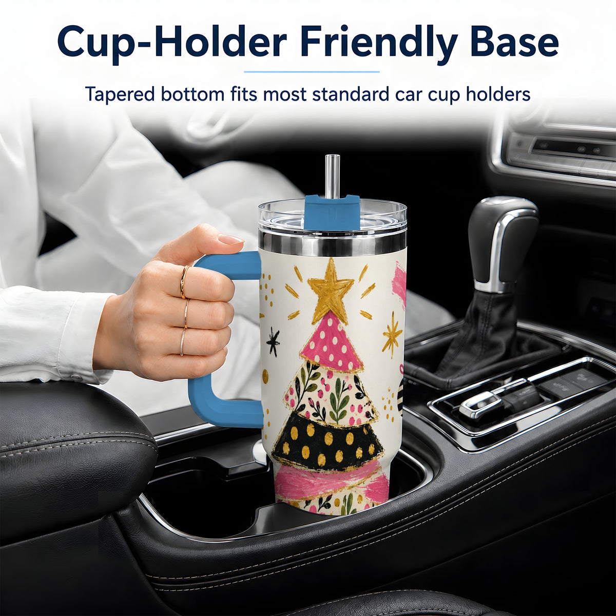 #pl[40oz|Blue] Whimsical Christmas Tree 40oz Tumbler, Pink Floral Holiday Design