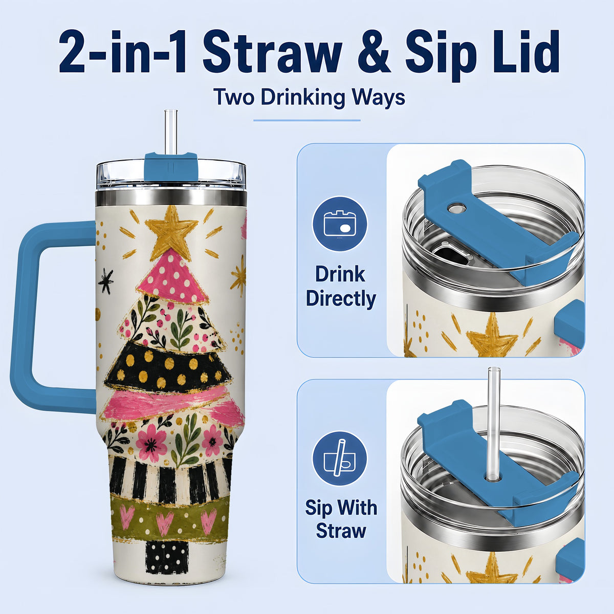 #pl[40oz|Blue] Whimsical Christmas Tree 40oz Tumbler, Pink Floral Holiday Design