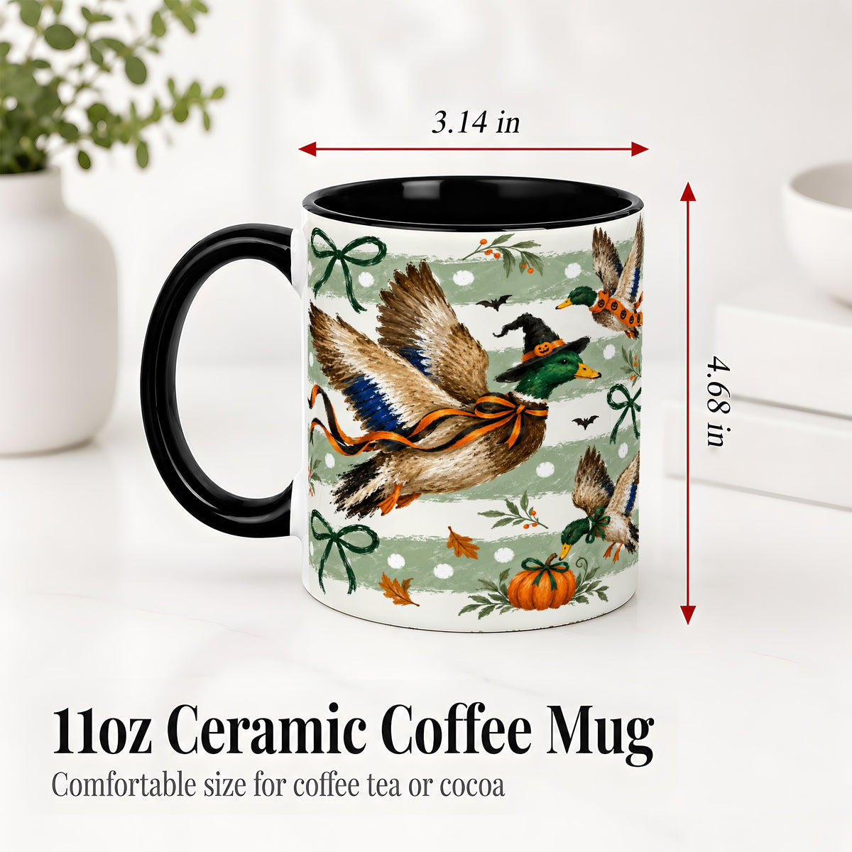 #pl[11oz|Black] Halloween Mallard Duck Ceramic Mug, Witch Hat Pumpkin Artwork