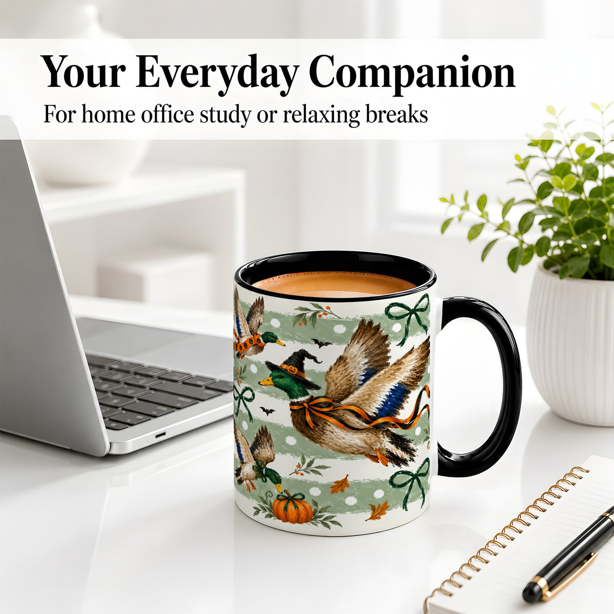 #pl[11oz|Black] Halloween Mallard Duck Ceramic Mug, Witch Hat Pumpkin Artwork