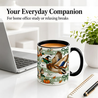 #pl[11oz|Black] Halloween Mallard Duck Ceramic Mug, Witch Hat Pumpkin Artwork