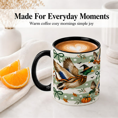 #pl[11oz|Black] Halloween Mallard Duck Ceramic Mug, Witch Hat Pumpkin Artwork