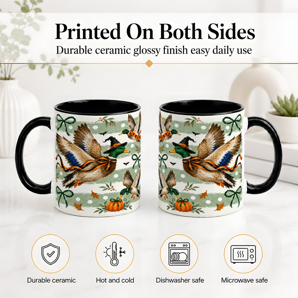 #pl[11oz|Black] Halloween Mallard Duck Ceramic Mug, Witch Hat Pumpkin Artwork