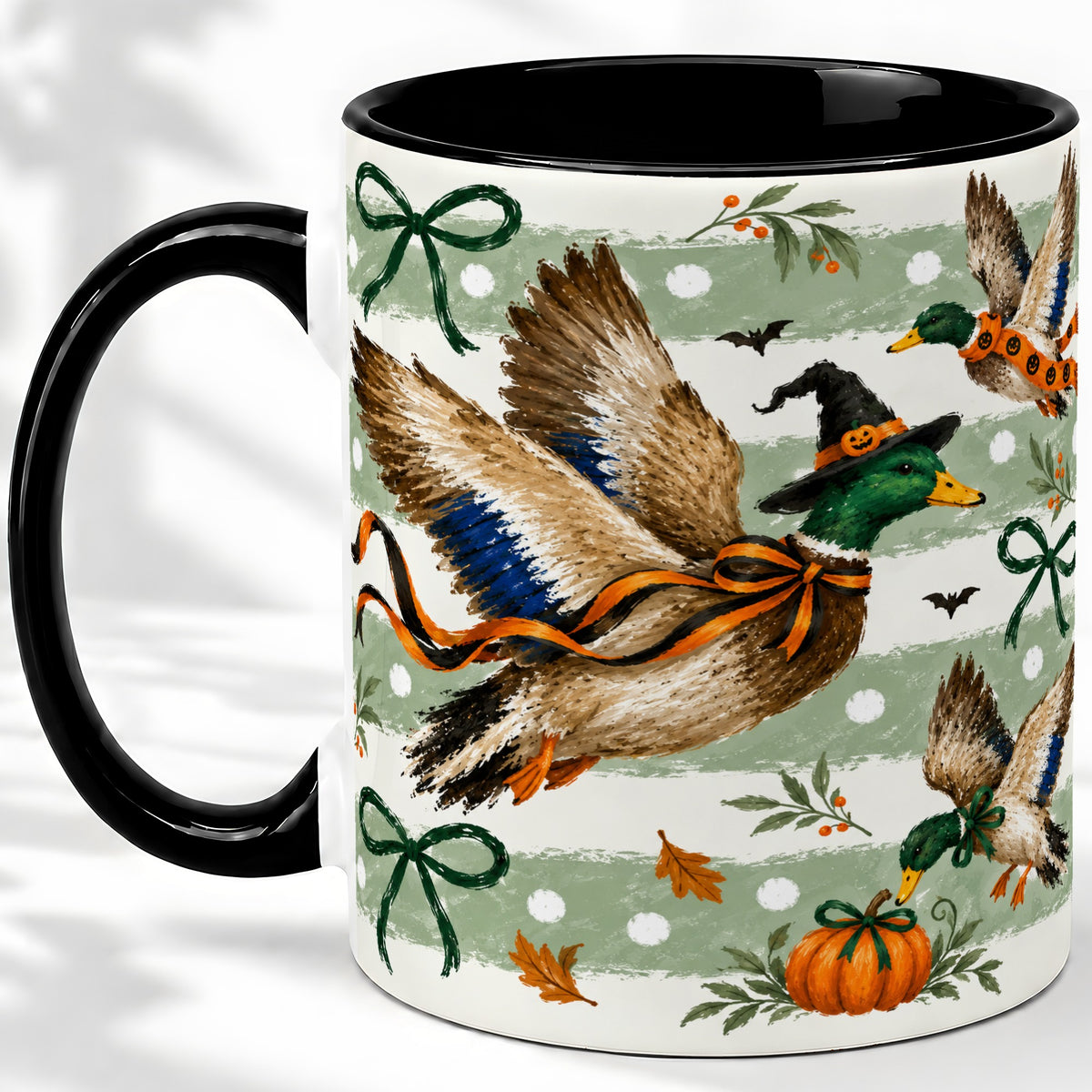 #pl[11oz|Black] Halloween Mallard Duck Ceramic Mug, Witch Hat Pumpkin Artwork