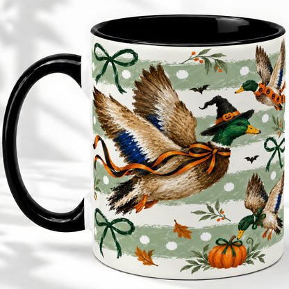#pl[11oz|Black] Halloween Mallard Duck Ceramic Mug, Witch Hat Pumpkin Artwork