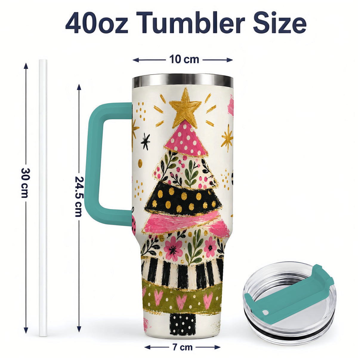 #pl[40oz|Green] Whimsical Christmas Tree 40oz Tumbler, Pink Floral Holiday Design