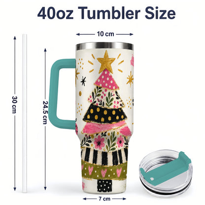 #pl[40oz|Green] Whimsical Christmas Tree 40oz Tumbler, Pink Floral Holiday Design