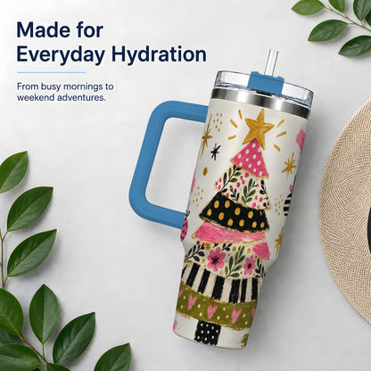 #pl[40oz|Blue] Whimsical Christmas Tree 40oz Tumbler, Pink Floral Holiday Design