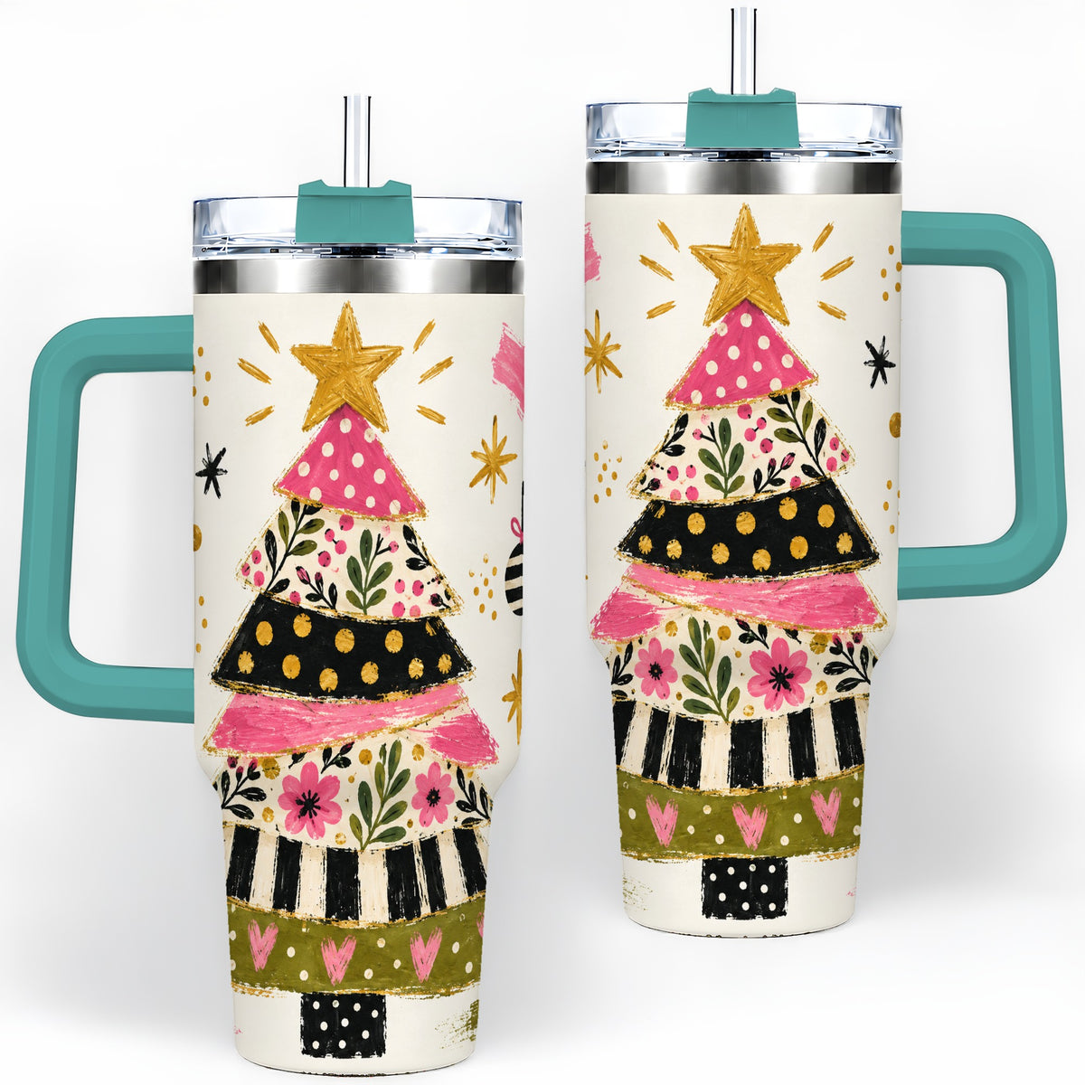 #pl[40oz|Green] Whimsical Christmas Tree 40oz Tumbler, Pink Floral Holiday Design