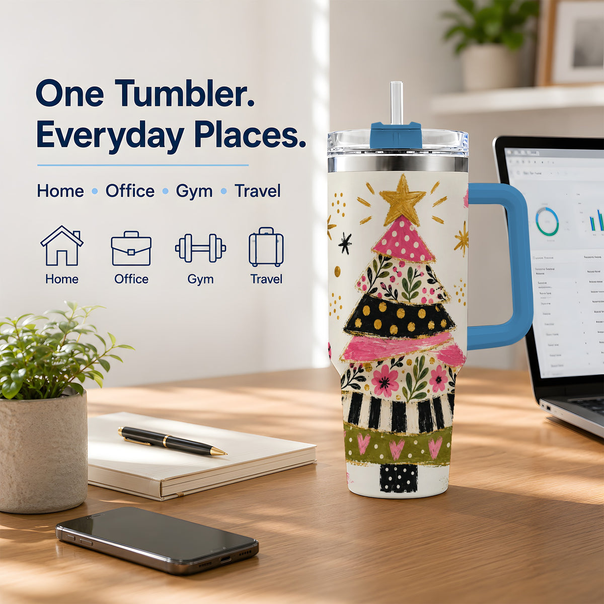 #pl[40oz|Blue] Whimsical Christmas Tree 40oz Tumbler, Pink Floral Holiday Design