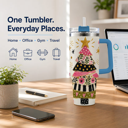 #pl[40oz|Blue] Whimsical Christmas Tree 40oz Tumbler, Pink Floral Holiday Design