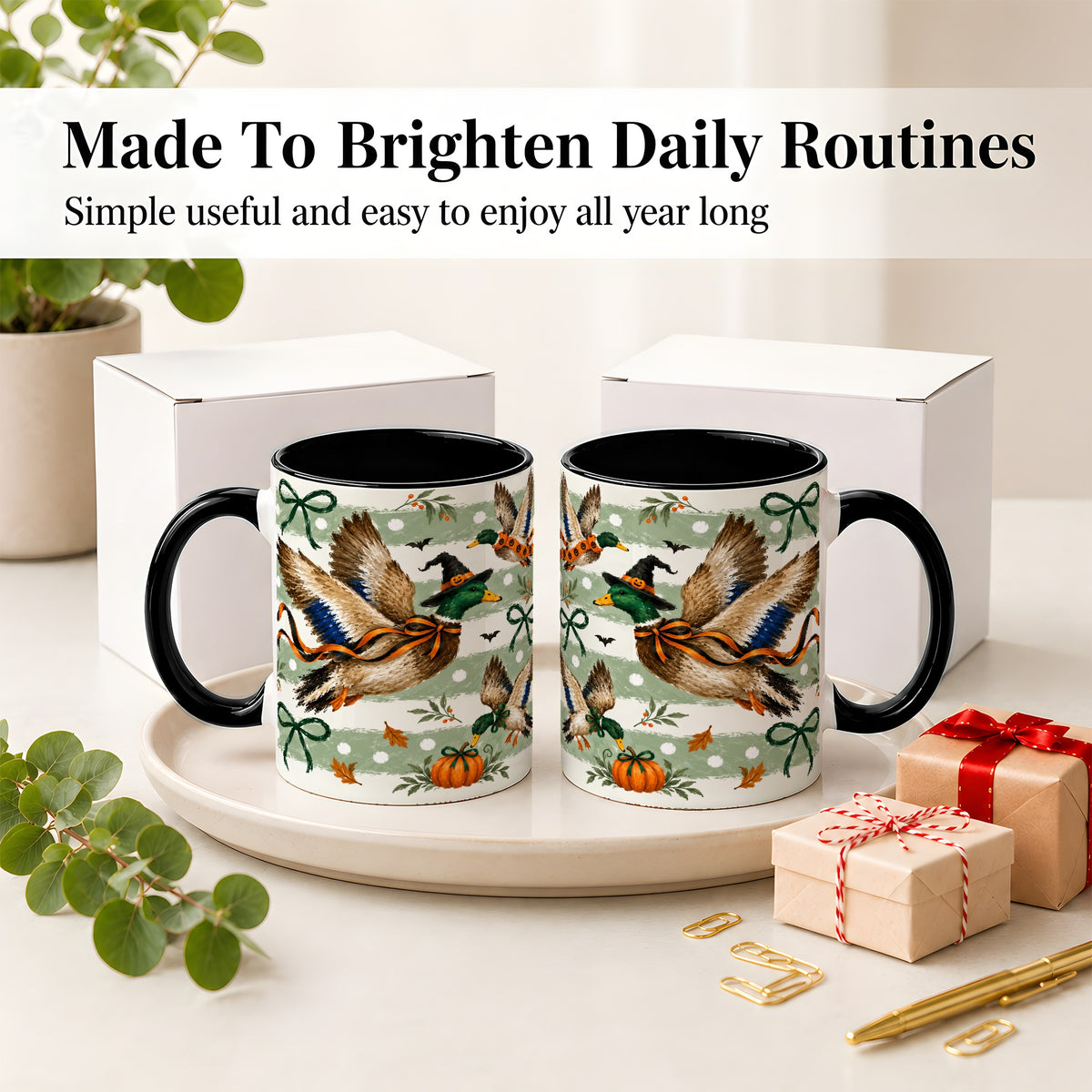 #pl[11oz|Black] Halloween Mallard Duck Ceramic Mug, Witch Hat Pumpkin Artwork