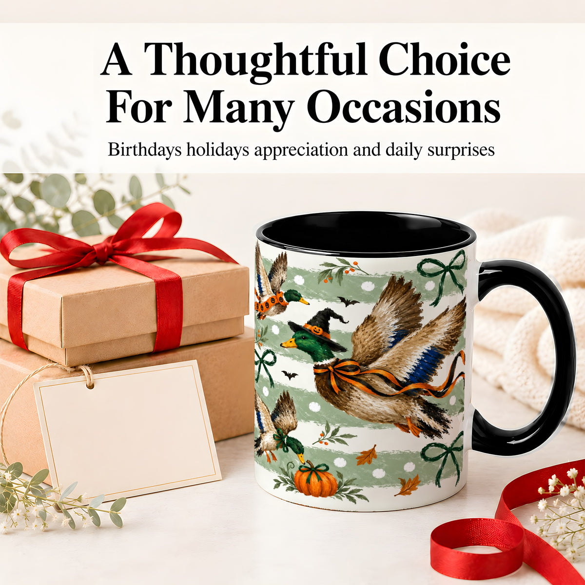 #pl[11oz|Black] Halloween Mallard Duck Ceramic Mug, Witch Hat Pumpkin Artwork