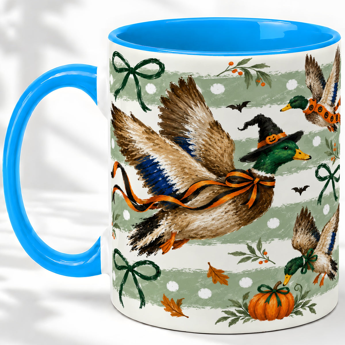 #pl[11oz|Blue] Halloween Mallard Duck Ceramic Mug, Witch Hat Pumpkin Artwork