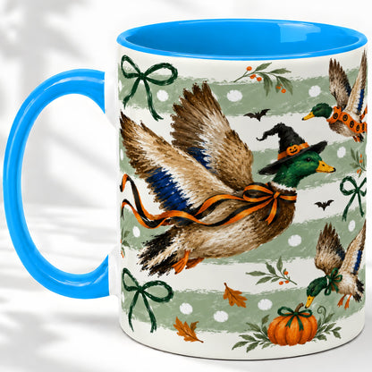 #pl[11oz|Blue] Halloween Mallard Duck Ceramic Mug, Witch Hat Pumpkin Artwork