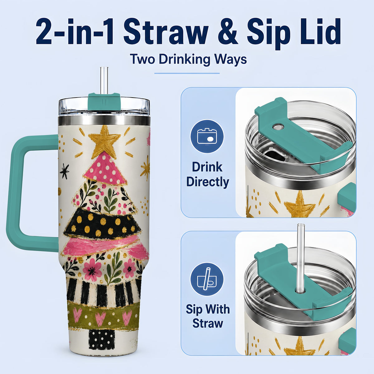 #pl[40oz|Green] Whimsical Christmas Tree 40oz Tumbler, Pink Floral Holiday Design