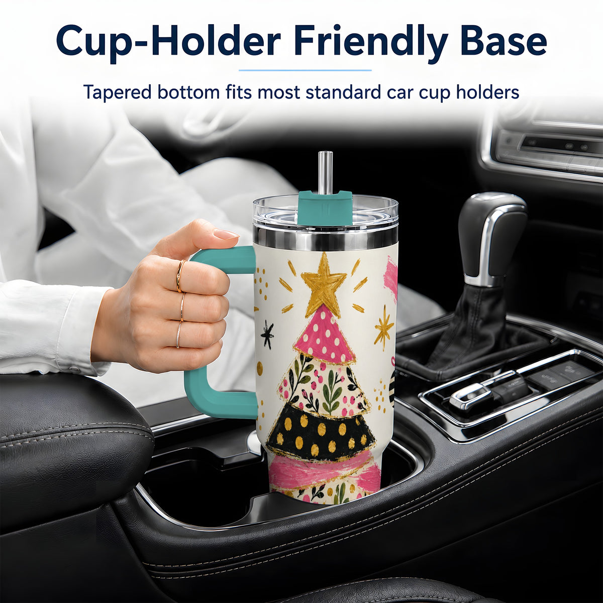 #pl[40oz|Green] Whimsical Christmas Tree 40oz Tumbler, Pink Floral Holiday Design