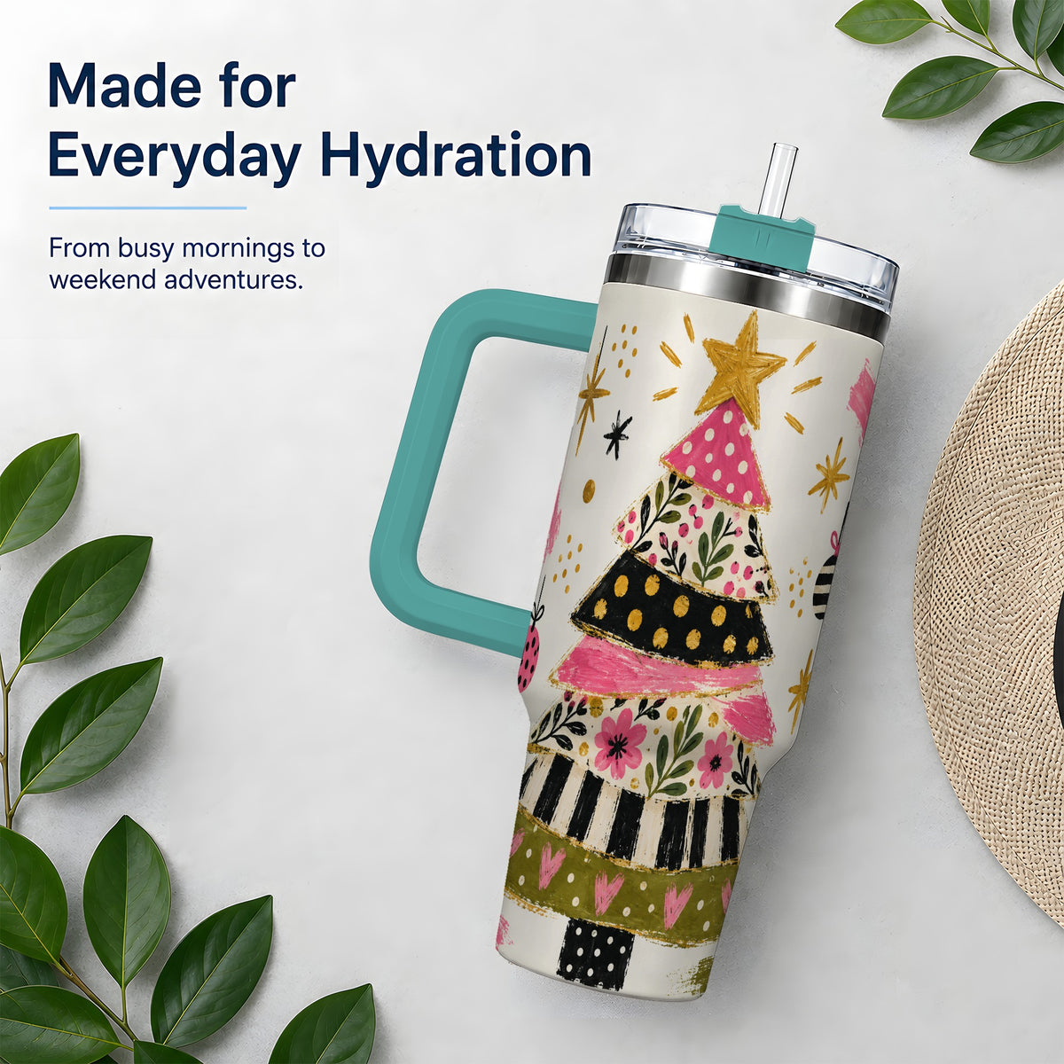 #pl[40oz|Green] Whimsical Christmas Tree 40oz Tumbler, Pink Floral Holiday Design