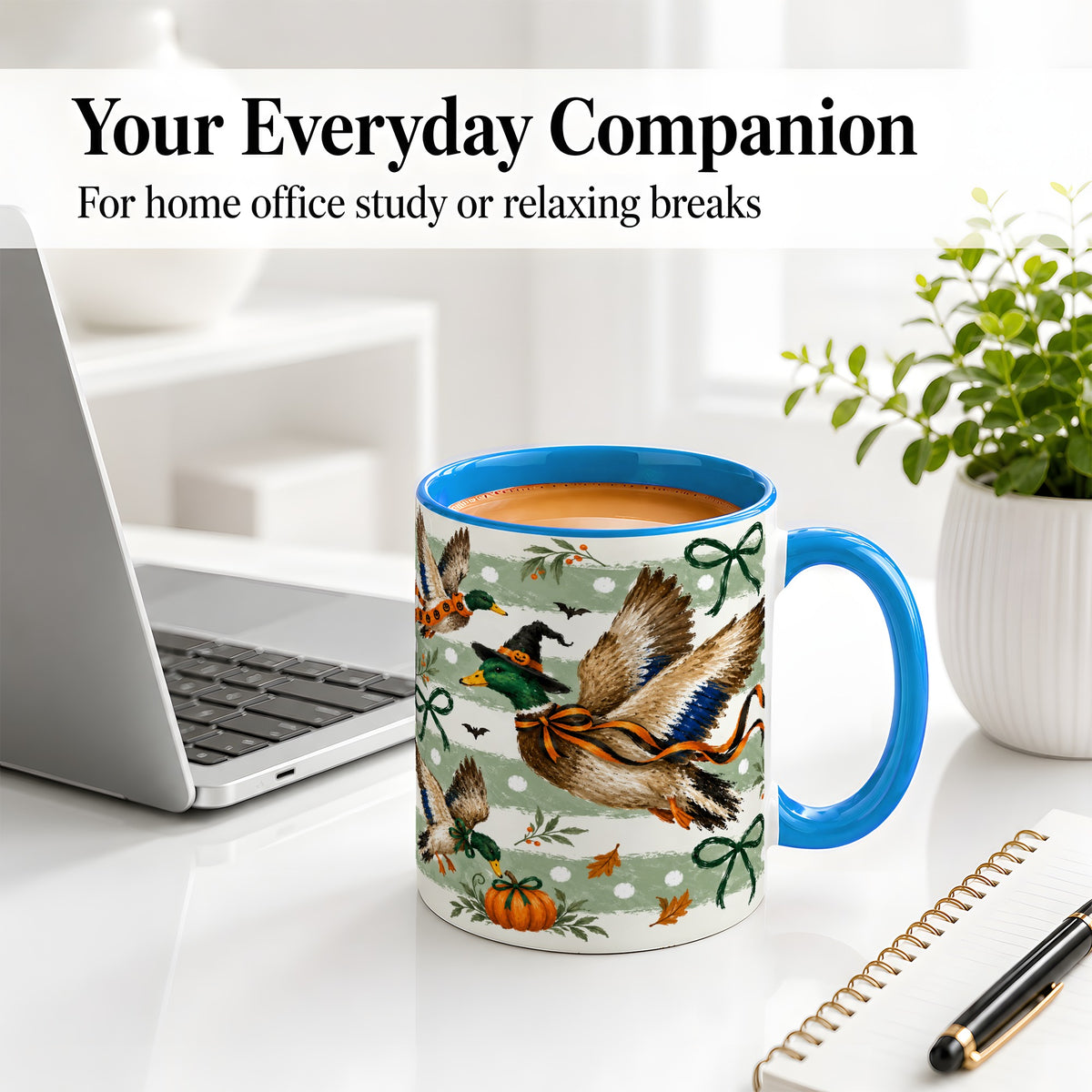 #pl[11oz|Blue] Halloween Mallard Duck Ceramic Mug, Witch Hat Pumpkin Artwork
