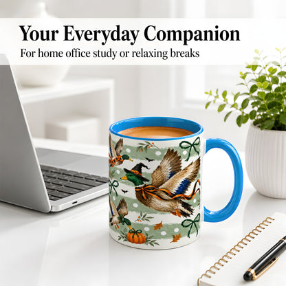 #pl[11oz|Blue] Halloween Mallard Duck Ceramic Mug, Witch Hat Pumpkin Artwork