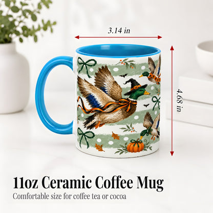 #pl[11oz|Blue] Halloween Mallard Duck Ceramic Mug, Witch Hat Pumpkin Artwork