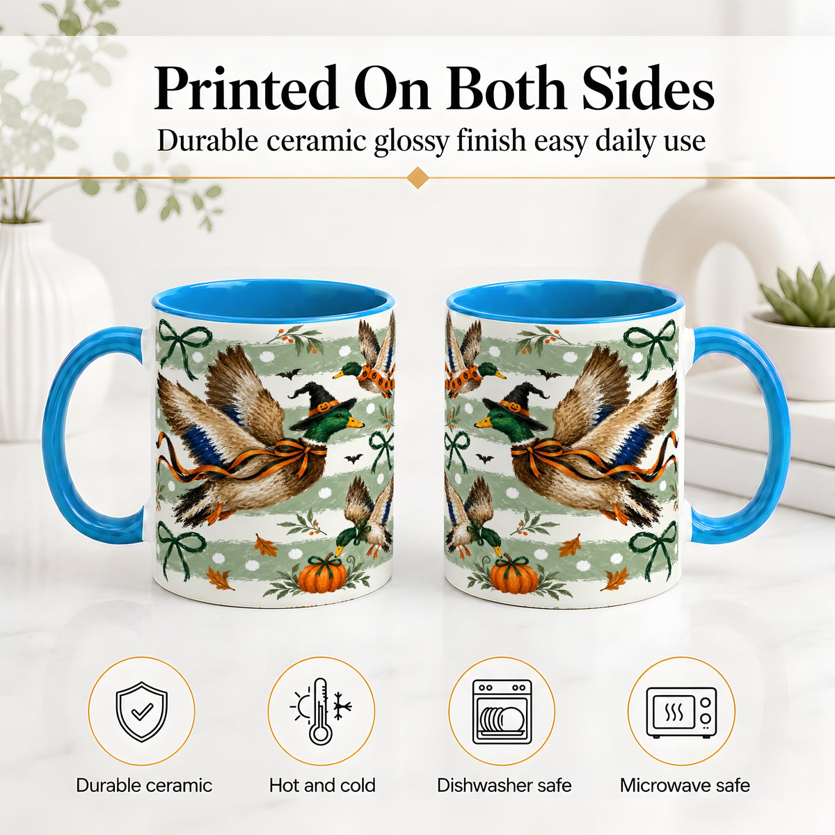 #pl[11oz|Blue] Halloween Mallard Duck Ceramic Mug, Witch Hat Pumpkin Artwork
