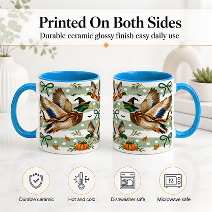 #pl[11oz|Blue] Halloween Mallard Duck Ceramic Mug, Witch Hat Pumpkin Artwork