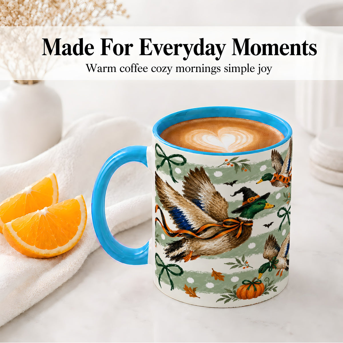 #pl[11oz|Blue] Halloween Mallard Duck Ceramic Mug, Witch Hat Pumpkin Artwork