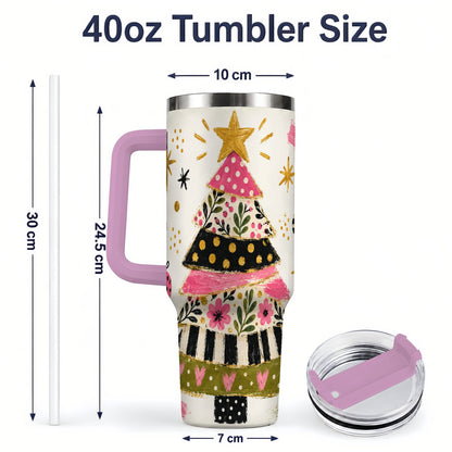 #pl[40oz|Pink] Whimsical Christmas Tree 40oz Tumbler, Pink Floral Holiday Design