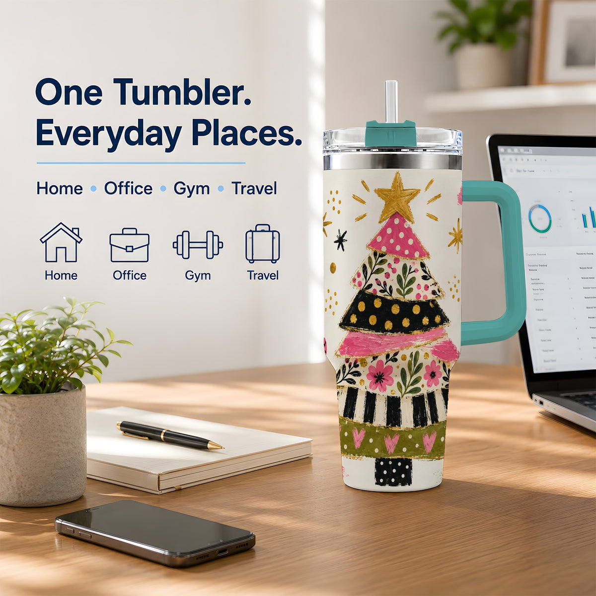 #pl[40oz|Green] Whimsical Christmas Tree 40oz Tumbler, Pink Floral Holiday Design