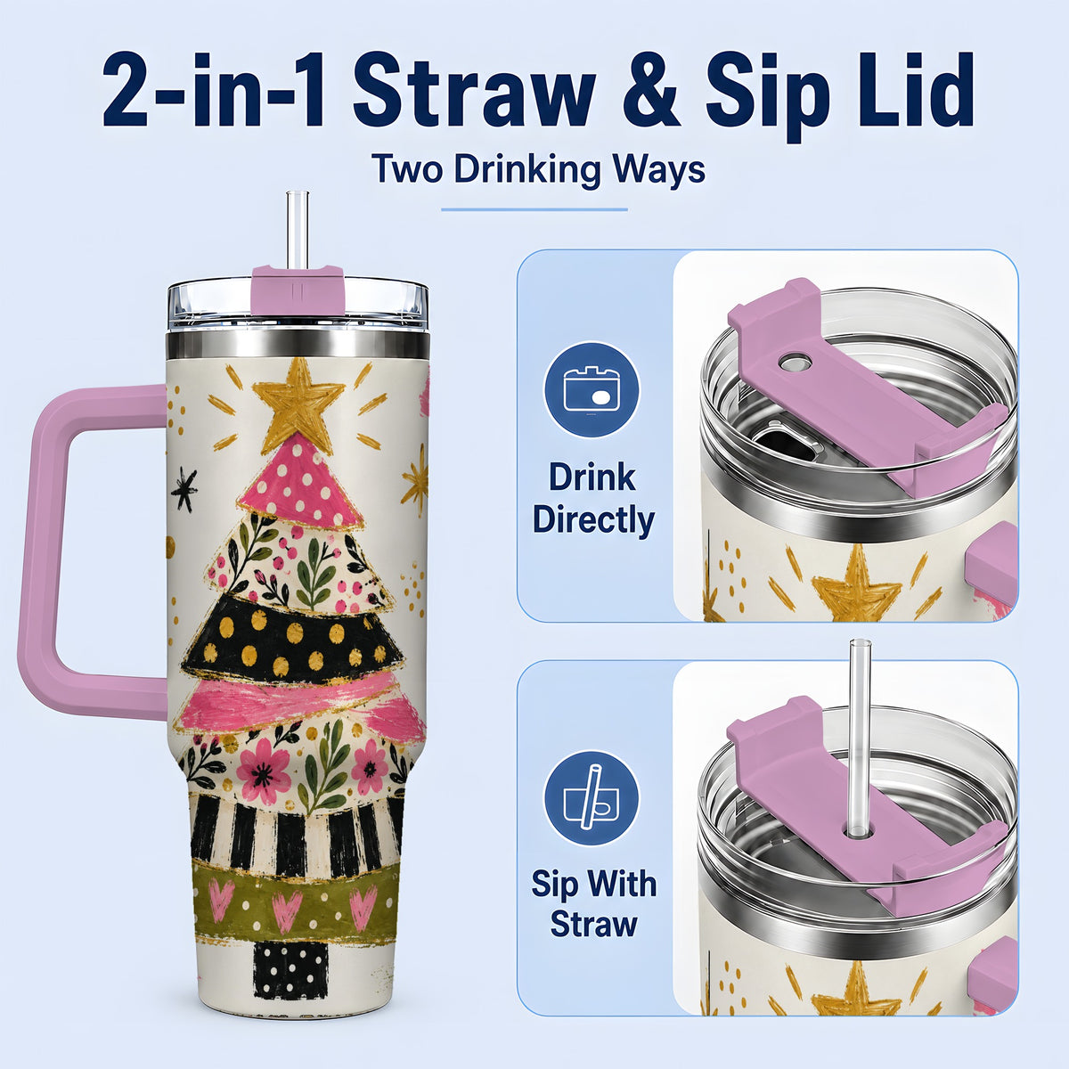 #pl[40oz|Pink] Whimsical Christmas Tree 40oz Tumbler, Pink Floral Holiday Design
