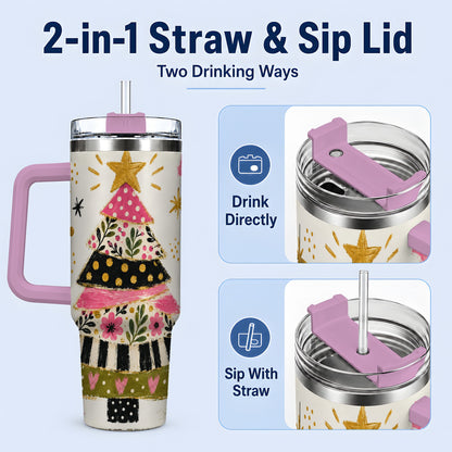 #pl[40oz|Pink] Whimsical Christmas Tree 40oz Tumbler, Pink Floral Holiday Design