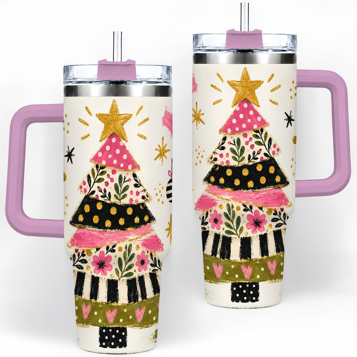 #pl[40oz|Pink] Whimsical Christmas Tree 40oz Tumbler, Pink Floral Holiday Design