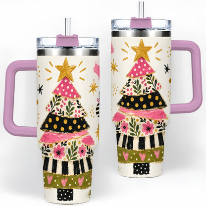 #pl[40oz|Pink] Whimsical Christmas Tree 40oz Tumbler, Pink Floral Holiday Design