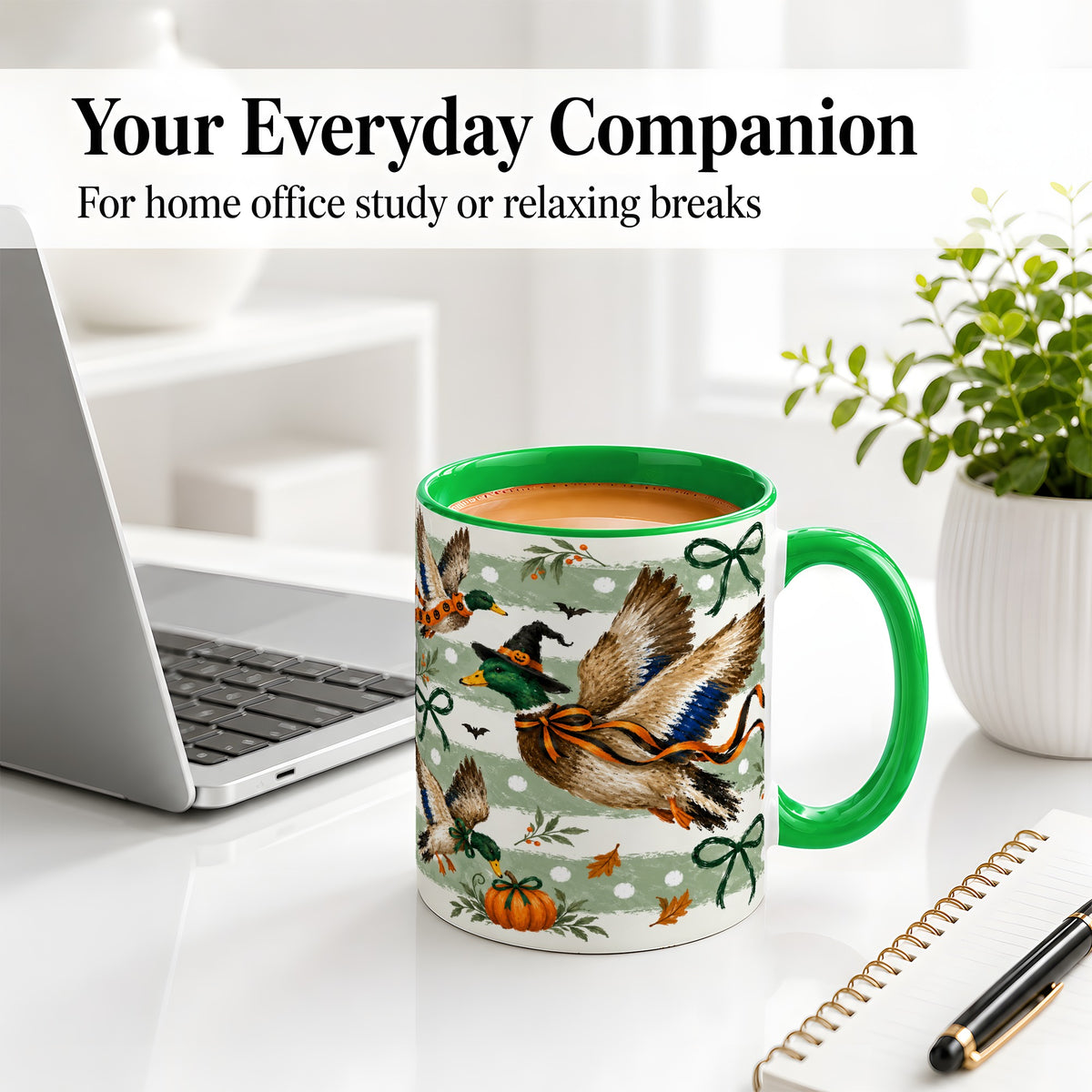 #pl[11oz|Green] Halloween Mallard Duck Ceramic Mug, Witch Hat Pumpkin Artwork