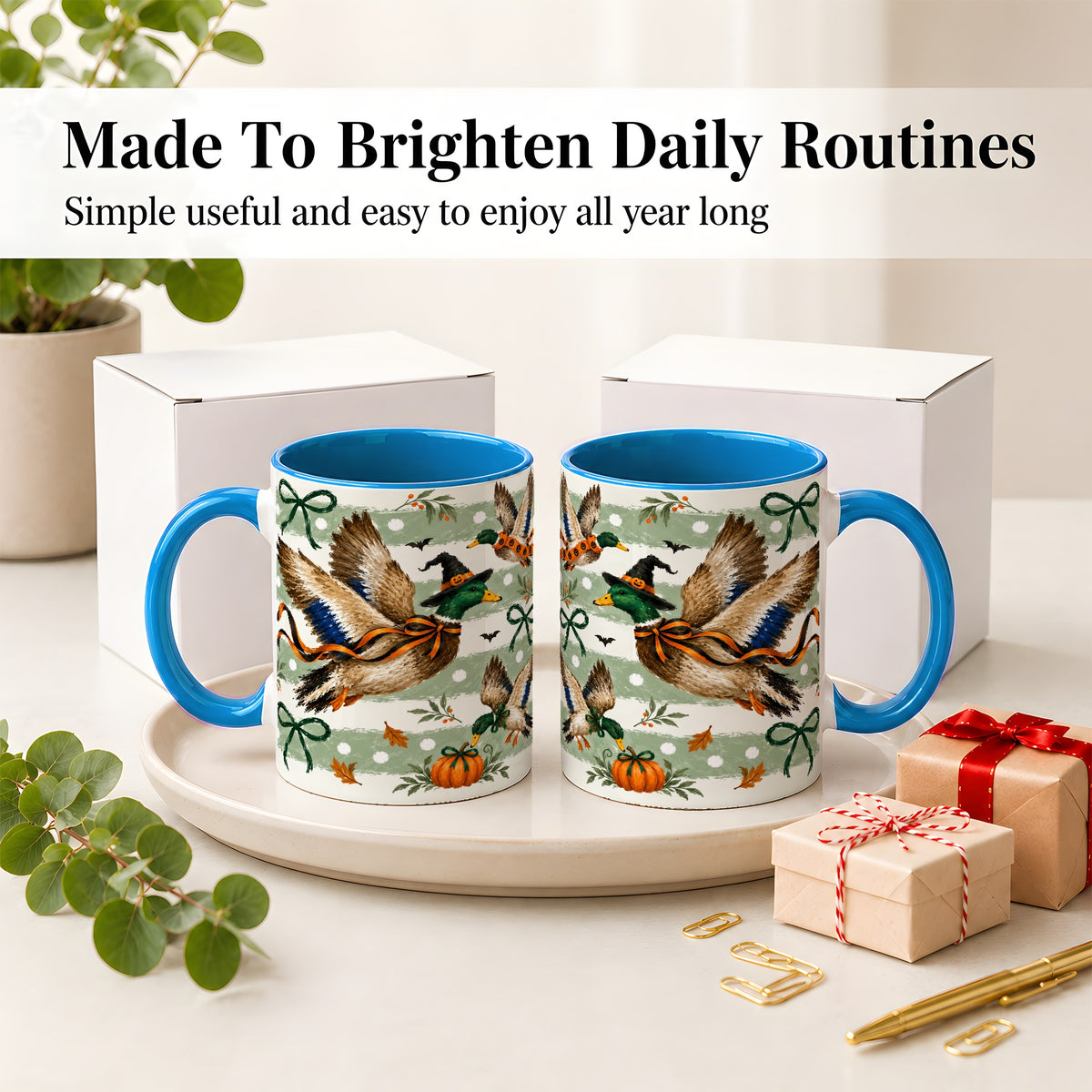 #pl[11oz|Blue] Halloween Mallard Duck Ceramic Mug, Witch Hat Pumpkin Artwork