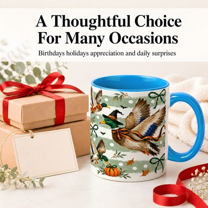 #pl[11oz|Blue] Halloween Mallard Duck Ceramic Mug, Witch Hat Pumpkin Artwork