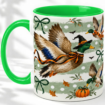 #pl[11oz|Green] Halloween Mallard Duck Ceramic Mug, Witch Hat Pumpkin Artwork