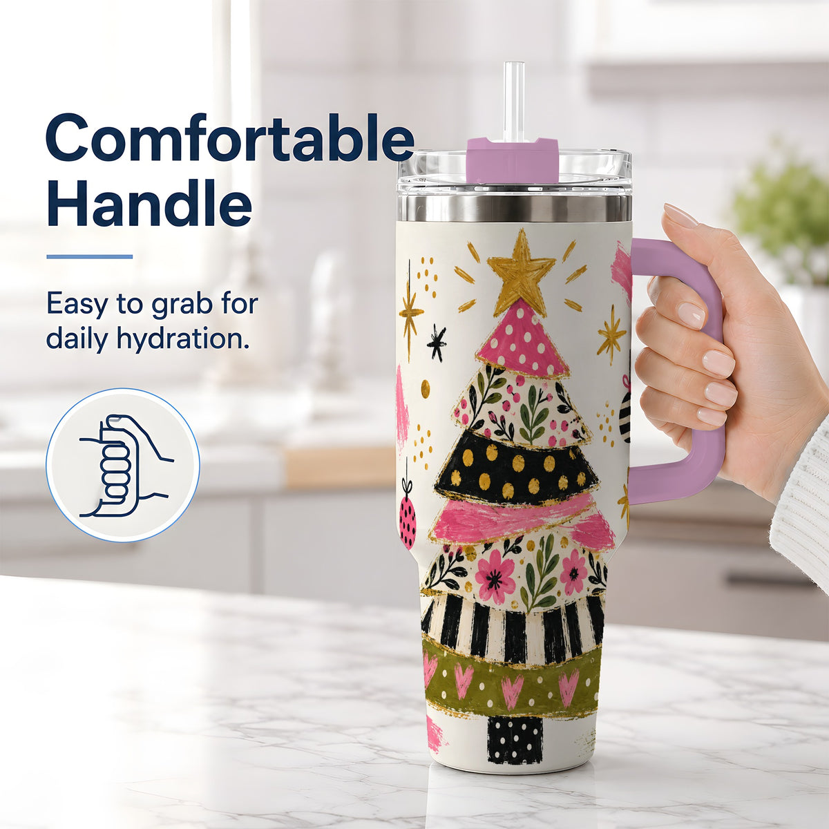 #pl[40oz|Pink] Whimsical Christmas Tree 40oz Tumbler, Pink Floral Holiday Design