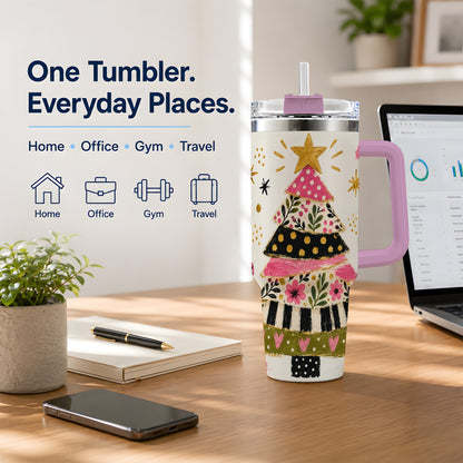#pl[40oz|Pink] Whimsical Christmas Tree 40oz Tumbler, Pink Floral Holiday Design