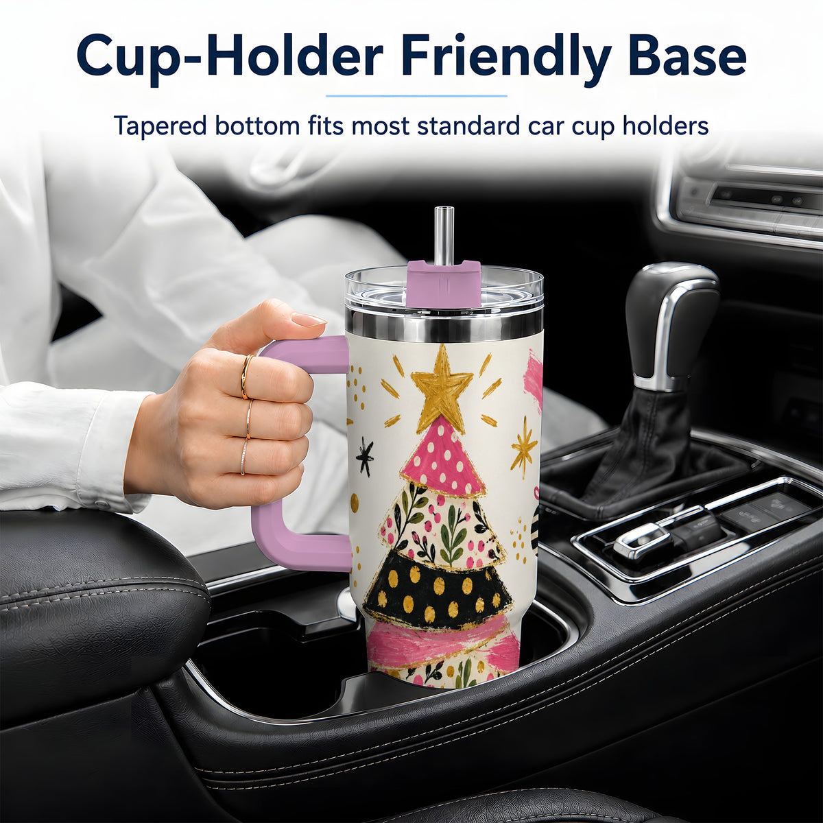 #pl[40oz|Pink] Whimsical Christmas Tree 40oz Tumbler, Pink Floral Holiday Design