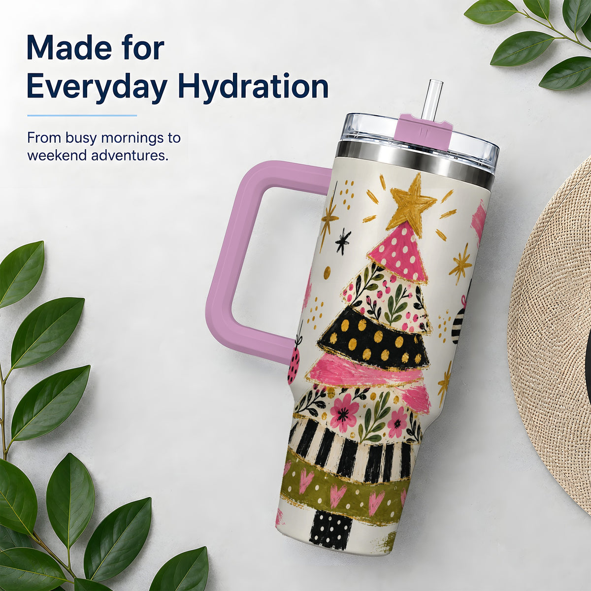 #pl[40oz|Pink] Whimsical Christmas Tree 40oz Tumbler, Pink Floral Holiday Design