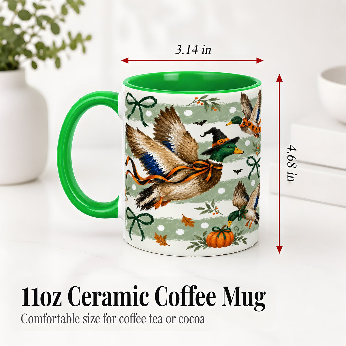 #pl[11oz|Green] Halloween Mallard Duck Ceramic Mug, Witch Hat Pumpkin Artwork